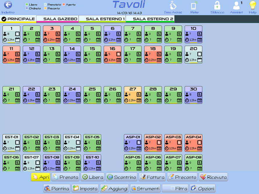 Mappa dei tavoli del gestionale per ristorante ShoppiX2, con sale e stati colorati