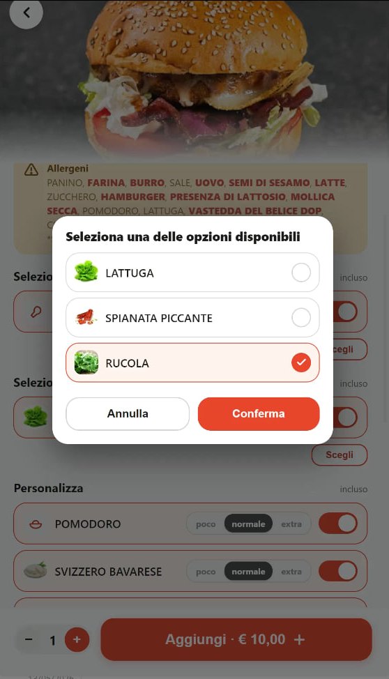 Totem self service DigiShop: scelta di un'opzione tra lattuga, spianata piccante e rucola