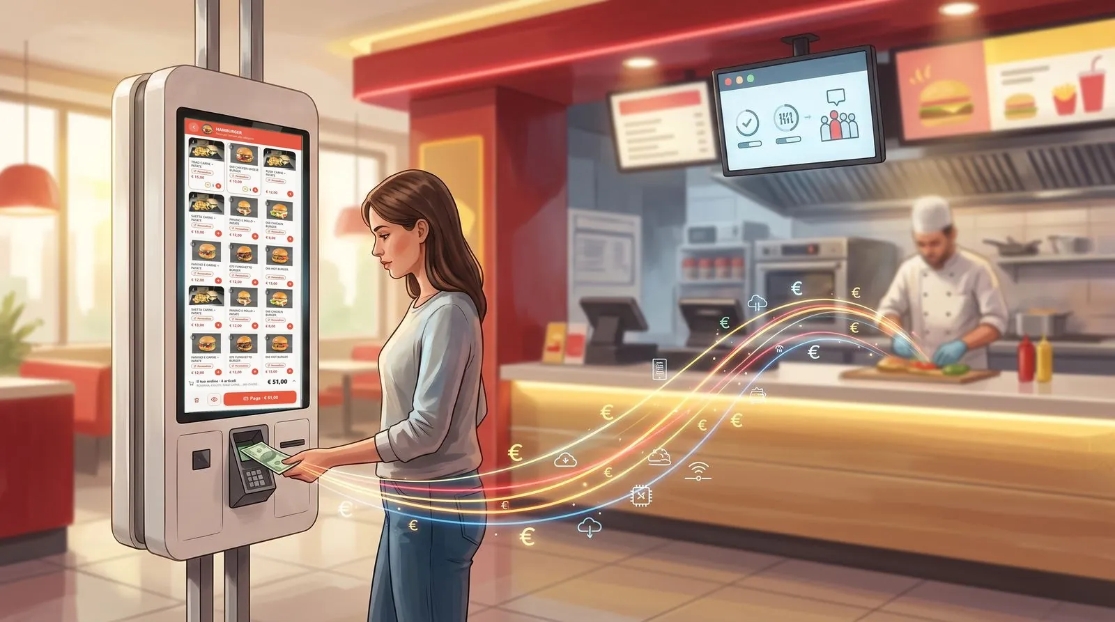 Cliente che ordina e paga da sola a un totem self service